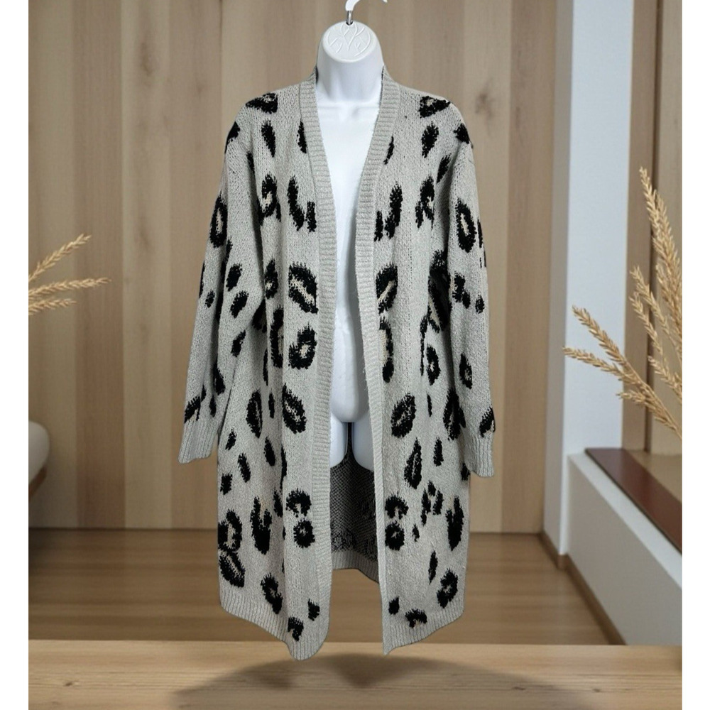 Knox Rose Fuzzy Cardigan Sweater Sz Large Gray Animal Print Long Open Pockets